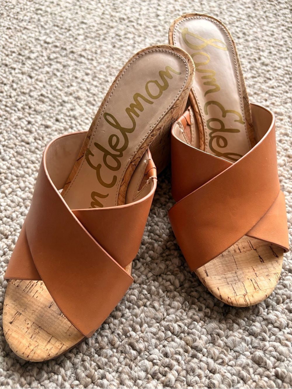 Sam Edelman Leather Crossband Cork Slide Sandals in Cognac